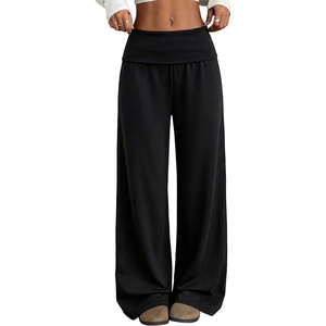 ZAFUL Women’s Striped Pants Fold Waist Wide Leg Pants Lounge Pajama Pants(3-z-black)