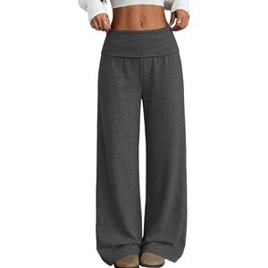 ZAFUL Women’s Striped Pants Fold Waist Wide Leg Pants Lounge Pajama Pants(3-z-dark Gray)