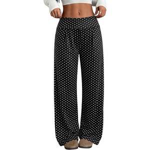ZAFUL Women’s Striped Pants Fold Waist Wide Leg Pants Lounge Pajama Pants(3-z-dot Black)