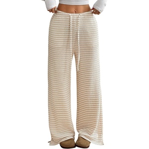 ZAFUL Women’s Striped Pants Fold Waist Wide Leg Pants Lounge Pajama Pants(4-khaki)